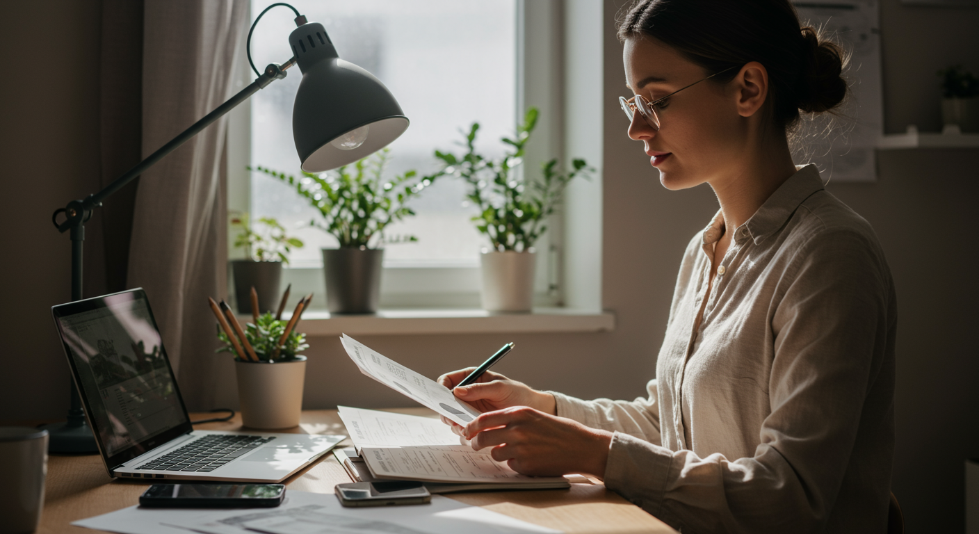 A woman manages her variable income budget in a minimalist home office, with organized documents and a laptop, showcasing successful money management and financial planning.