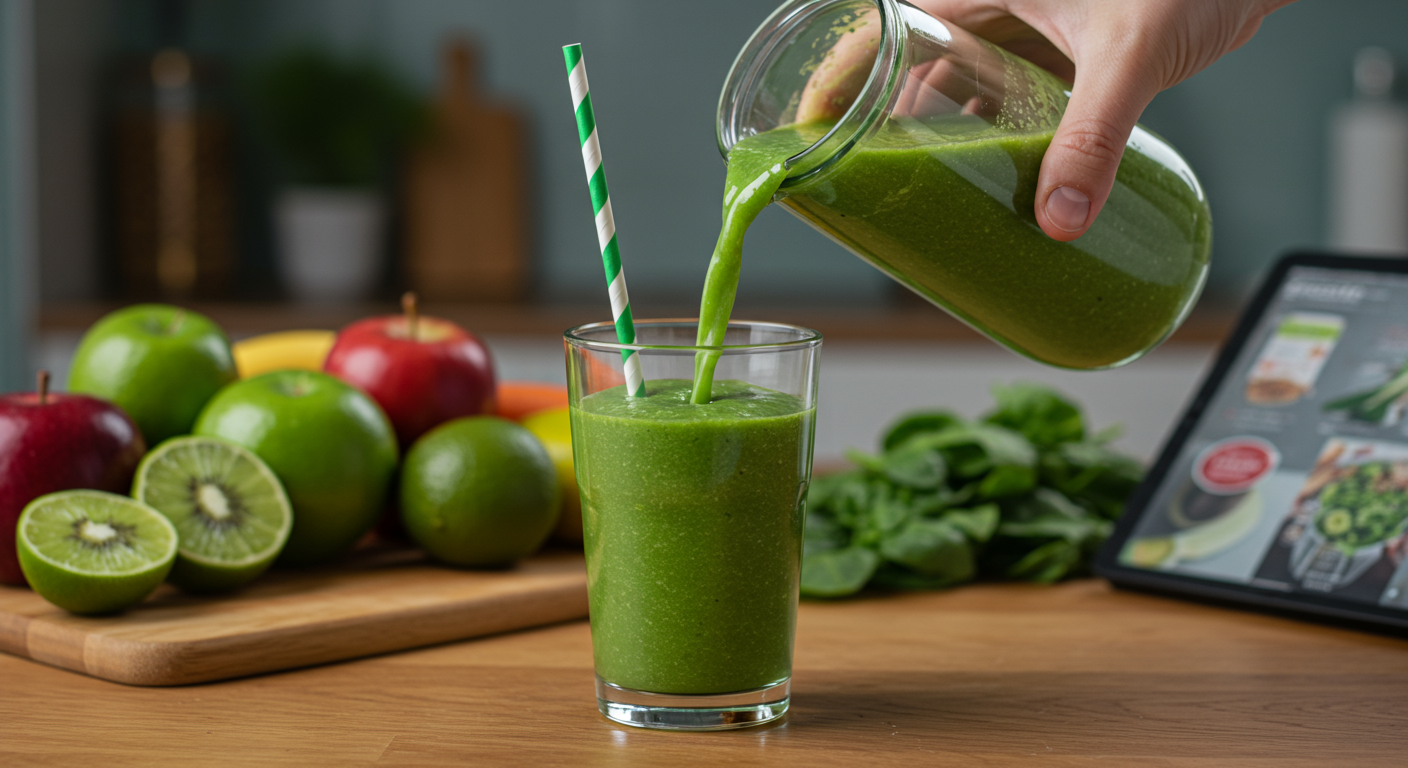 A close-up shot of a person pouring a vibrant green smoothie into a glass, with fresh fruits in the background. The scene is set in a bright, airy kitchen, emphasizing healthy eating and the ease of using an air fryer for beginners.