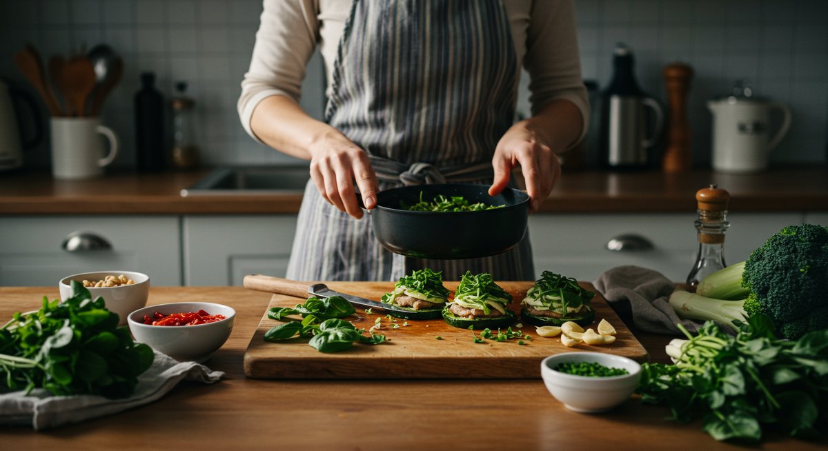 Healthy side dish recipe preparation in modern kitchen with fresh vegetables and herbs