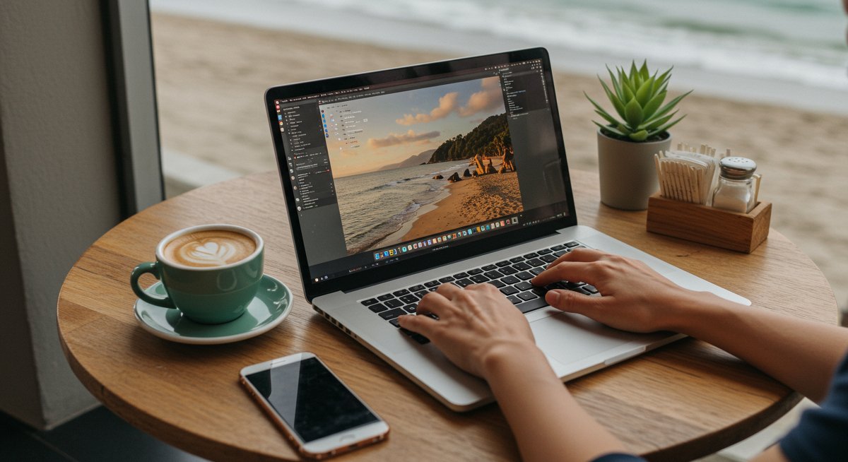 Digital nomad working at beachside cafe with minimalist office setup and essential remote work tools