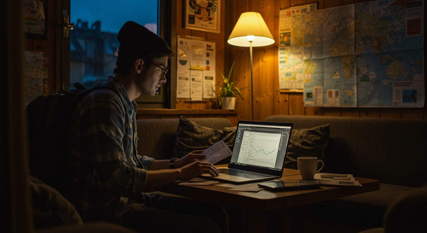 Solo traveler in a hostel planning their European trip with laptop and visa documents, evening ambiance