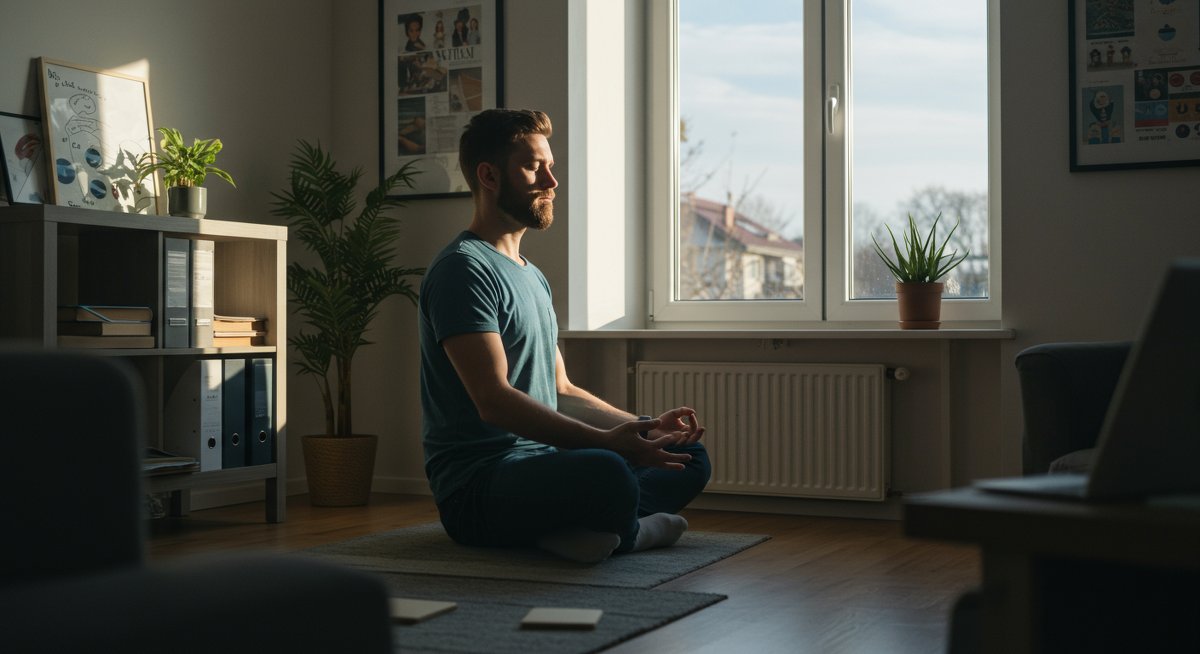 Professional mindfulness practice in a tidy workspace promoting focus and stress reduction