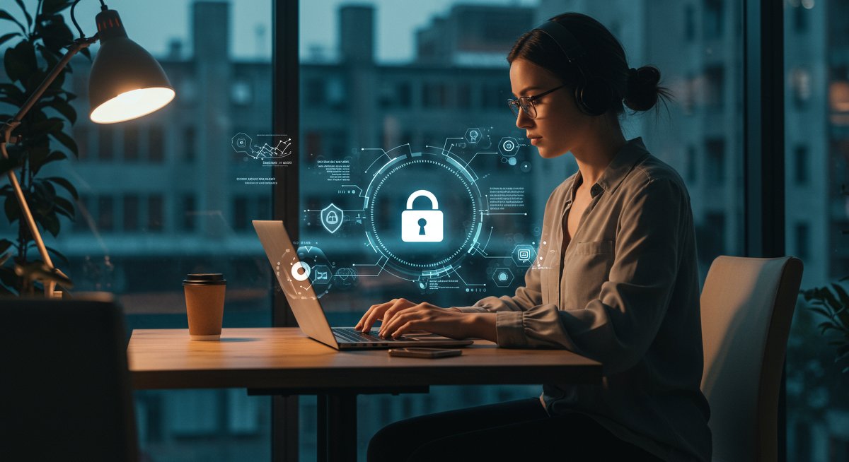 Cybersecurity for remote workers: Female nomad using laptop with secure connection, abstract security symbols in modern workspace
