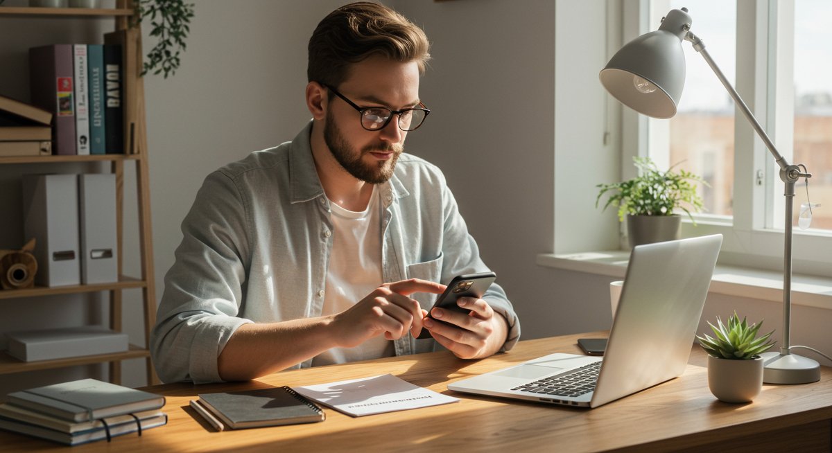 Digital Minimalism guide illustration: man organizing smartphone with minimalist workspace, clean desk, and focused expression