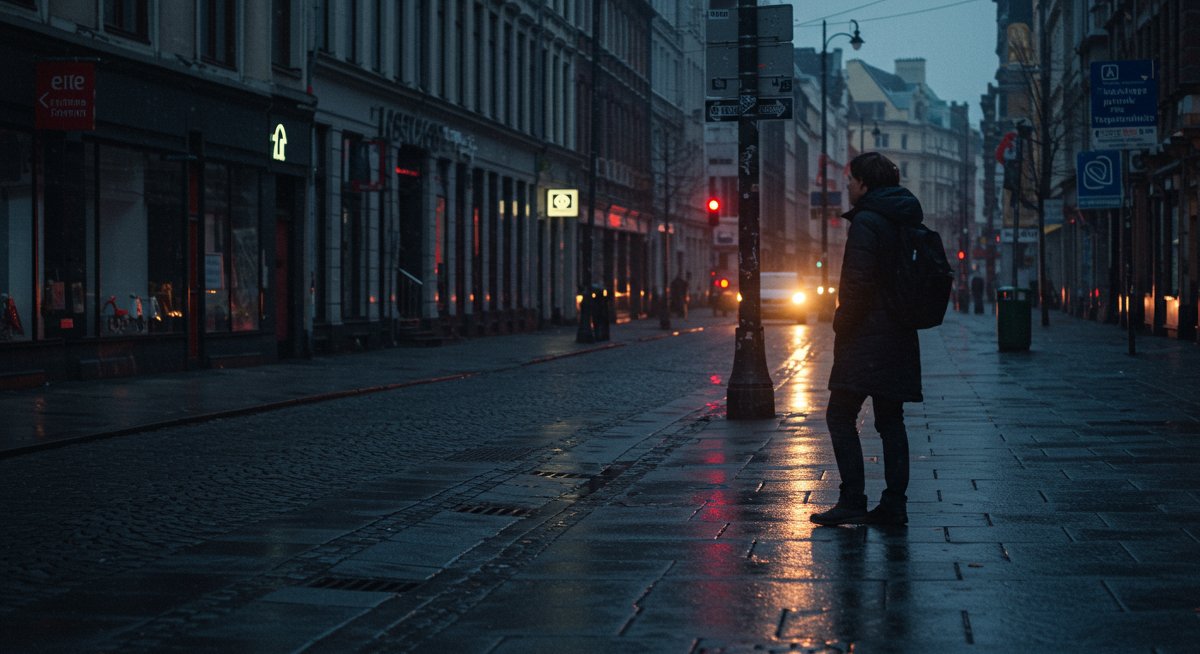 Traveler handling lost phone emergency in international city setting with professional tech and travel elements