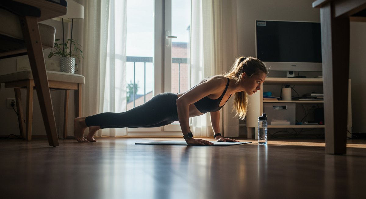 Student performing no-equipment push-ups in compact apartment bedroom with natural light