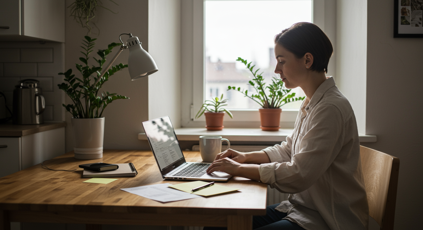 Person planning minimalist finances at a kitchen table with a laptop and coffee, showcasing a minimalist lifestyle and financial planning.