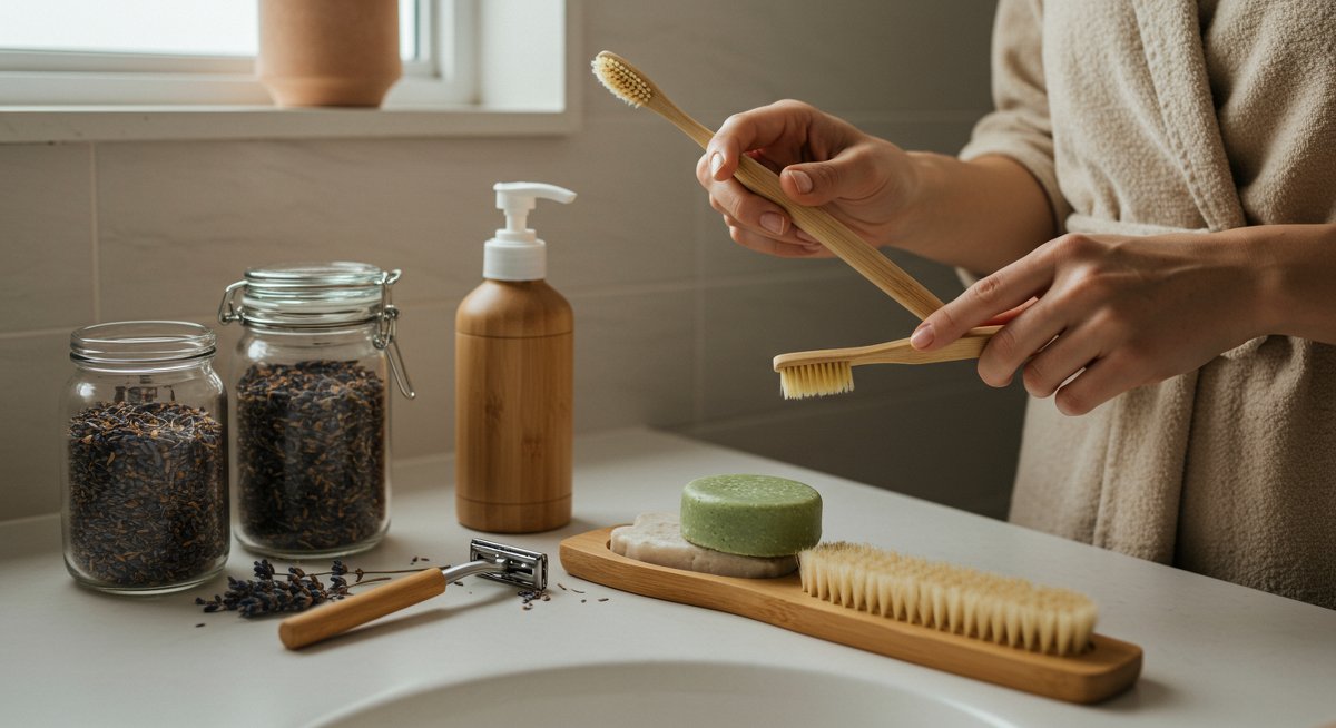Eco-friendly self-care routine featuring solid shampoo bar, bamboo toothbrush, and reusable glass jar with dried lavender in a minimalist bathroom setting