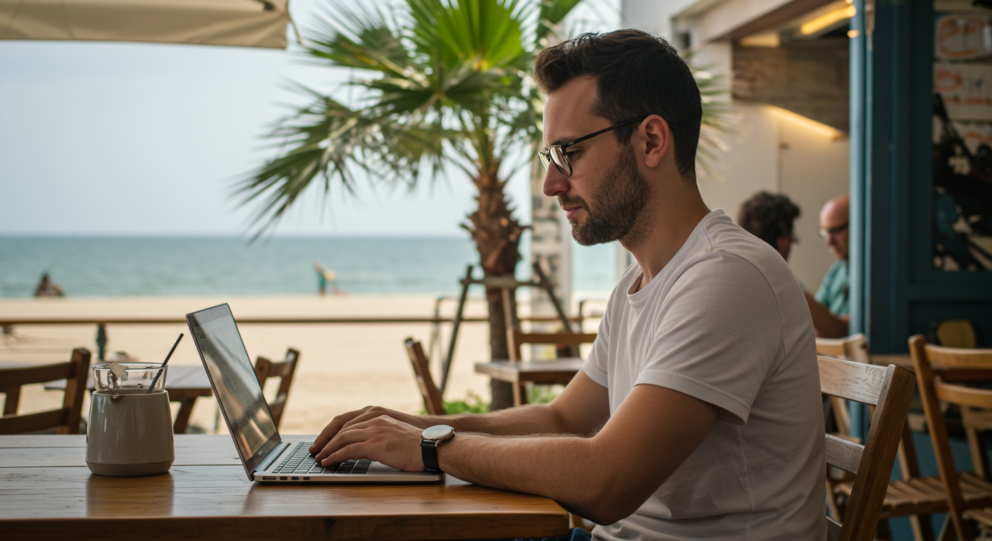 Digital nomad working on a laptop at a beachside cafe, tropical setting. Showing internet connectivity and freedom.