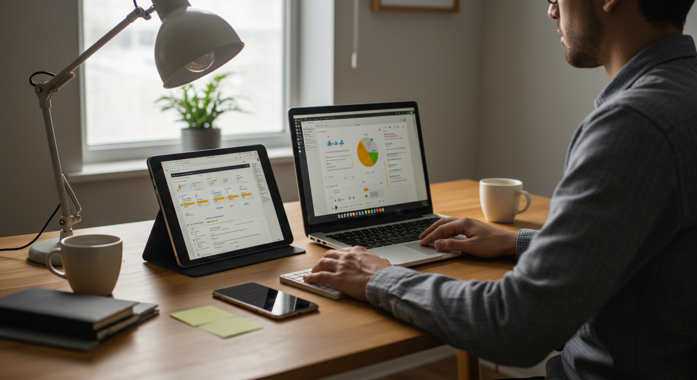 A person at a desk managing emails with a laptop, tablet, coffee, and notepad, highlighting email management strategies.