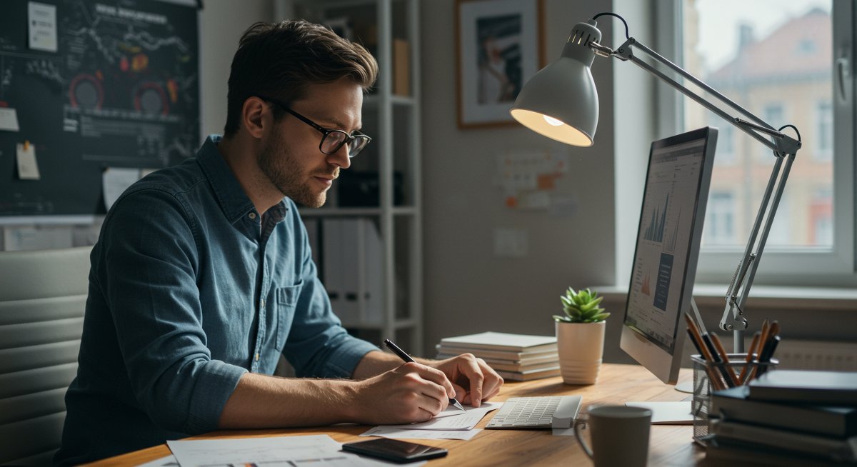 Professional man using bullet journal and Pomodoro timer for goal setting in modern home office