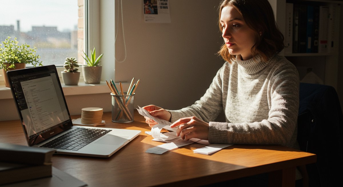 Student managing finances in dorm room with laptop, phone, and receipts