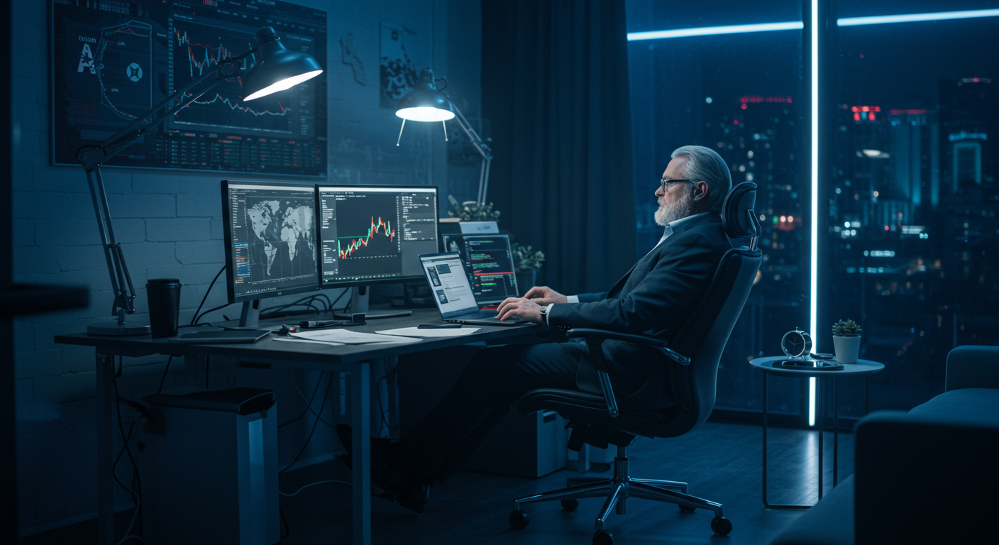 Experienced crypto trader analyzing market data in a modern co-working space, focusing on cost-saving strategies and international trading.