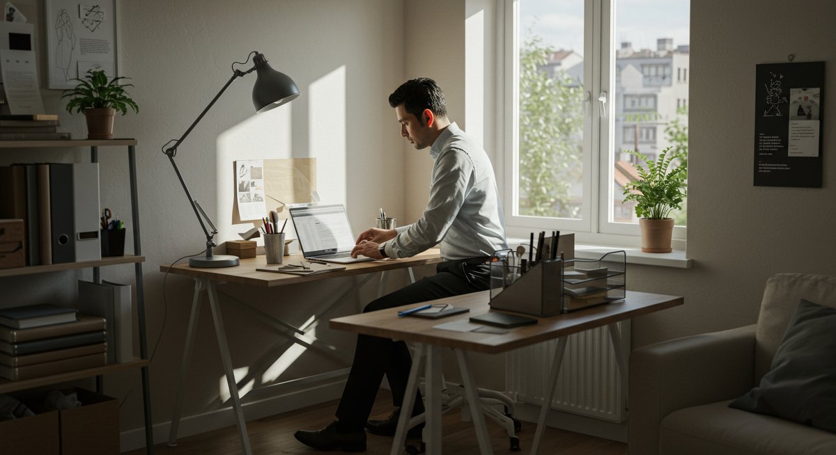 Confident male minimalist organising a modern home office with sleek storage solutions and natural lighting