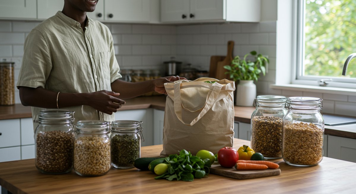 Zero-waste shopping illustration showing bulk groceries in reusable containers with natural light and earthy tones