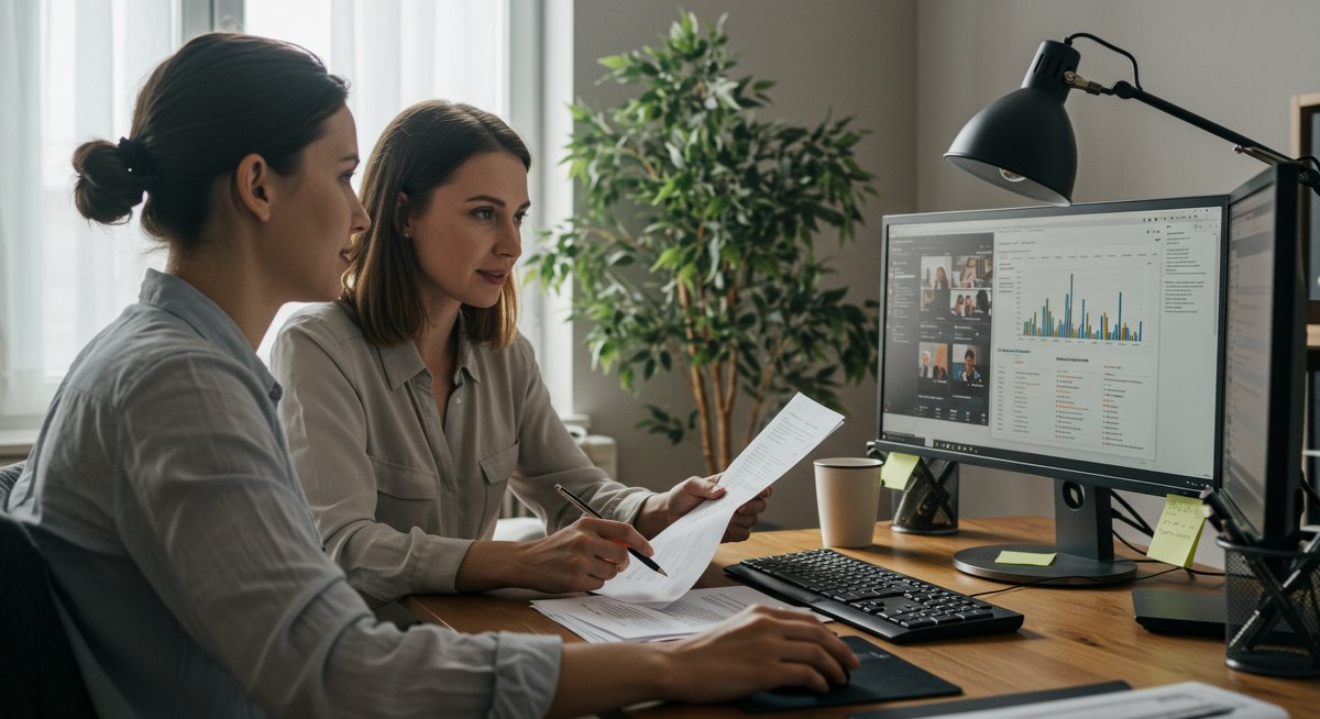Professional couple managing finances during career change with organized budgeting tools