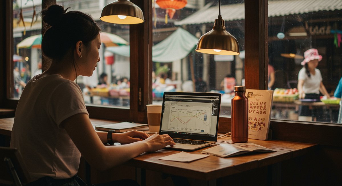 Budget travel digital nomad working from affordable hostel with travel essentials, local market view