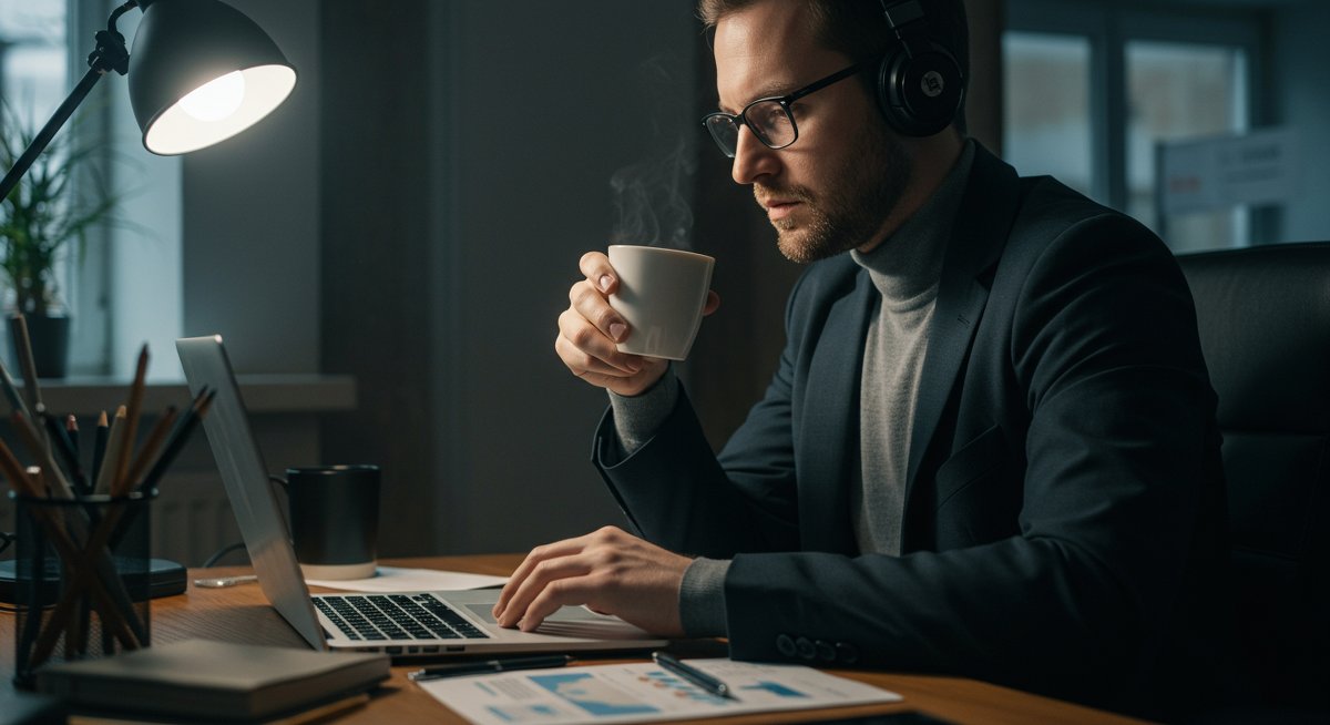 Bitcoin trader analyzing charts on laptop in modern office with coffee and financial data