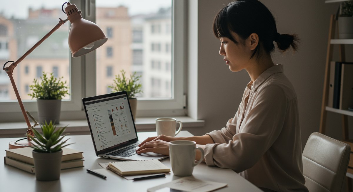 Young professional engaged in minimalist budgeting with clean workspace and natural lighting