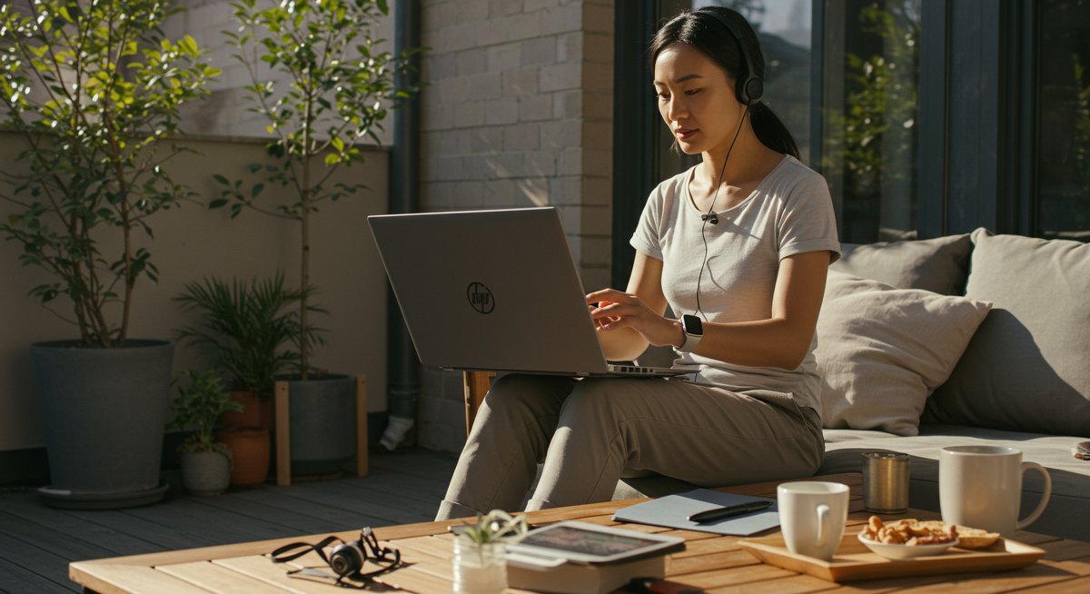 Professional woman managing energy through hybrid work: exercising, using meditation app, and maintaining organized workspace