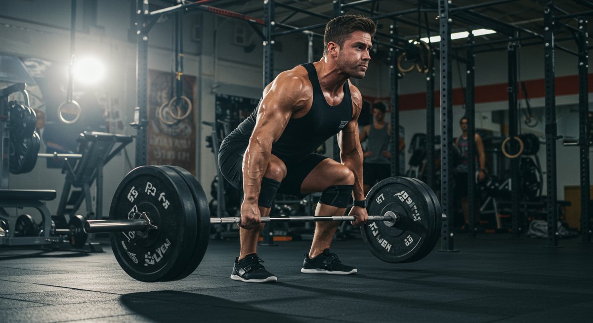 Athlete doing deadlifts in gym with dramatic lighting and fitness equipment