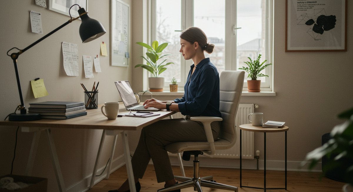 Professional woman working in a modern home office with focus techniques, Pomodoro timer, and smartwatch tracking focus