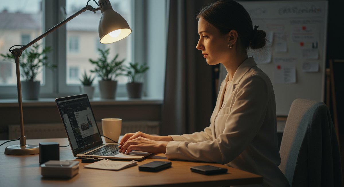 Digital nomad cybersecurity checklist - professional woman working on security protocols at modern workspace with travel essentials