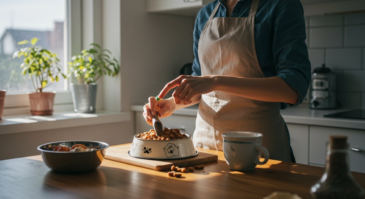 Experienced pet parent preparing nutritious pet food for shiny coat and healthy skin