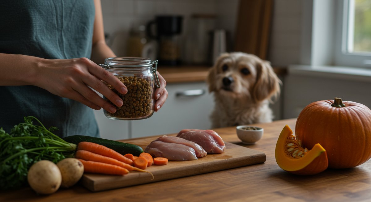Woman preparing homemade dog food recipe for digestive health with fresh vegetables and chicken, promoting healthy digestion for dogs