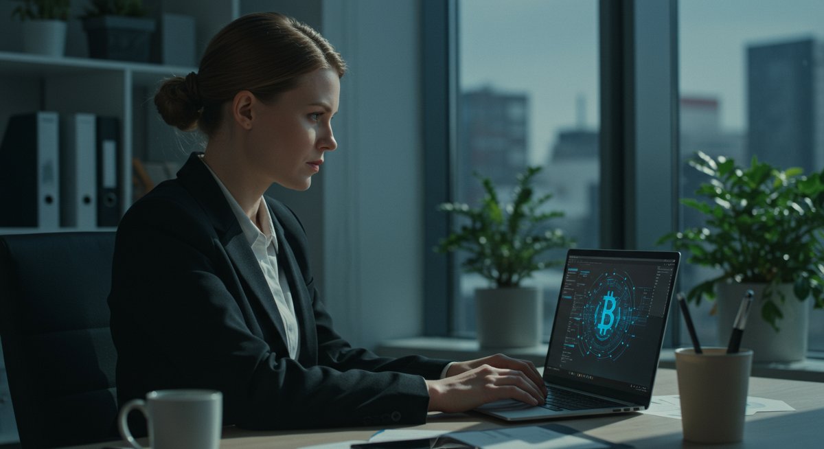 Crypto recovery guide visual - woman working on failed swap resolution in professional workspace
