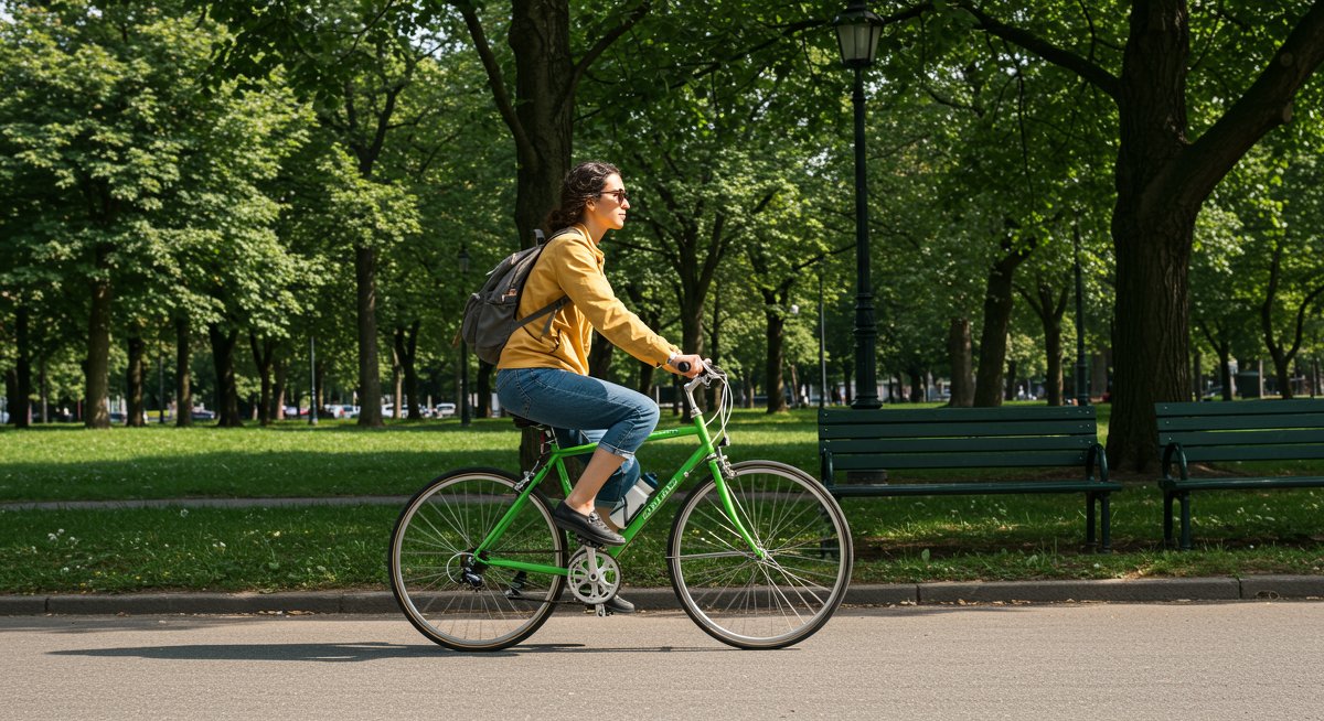 Eco-friendly commuting: A woman cycles through a park with a reusable water bottle, promoting sustainable transportation in urban settings