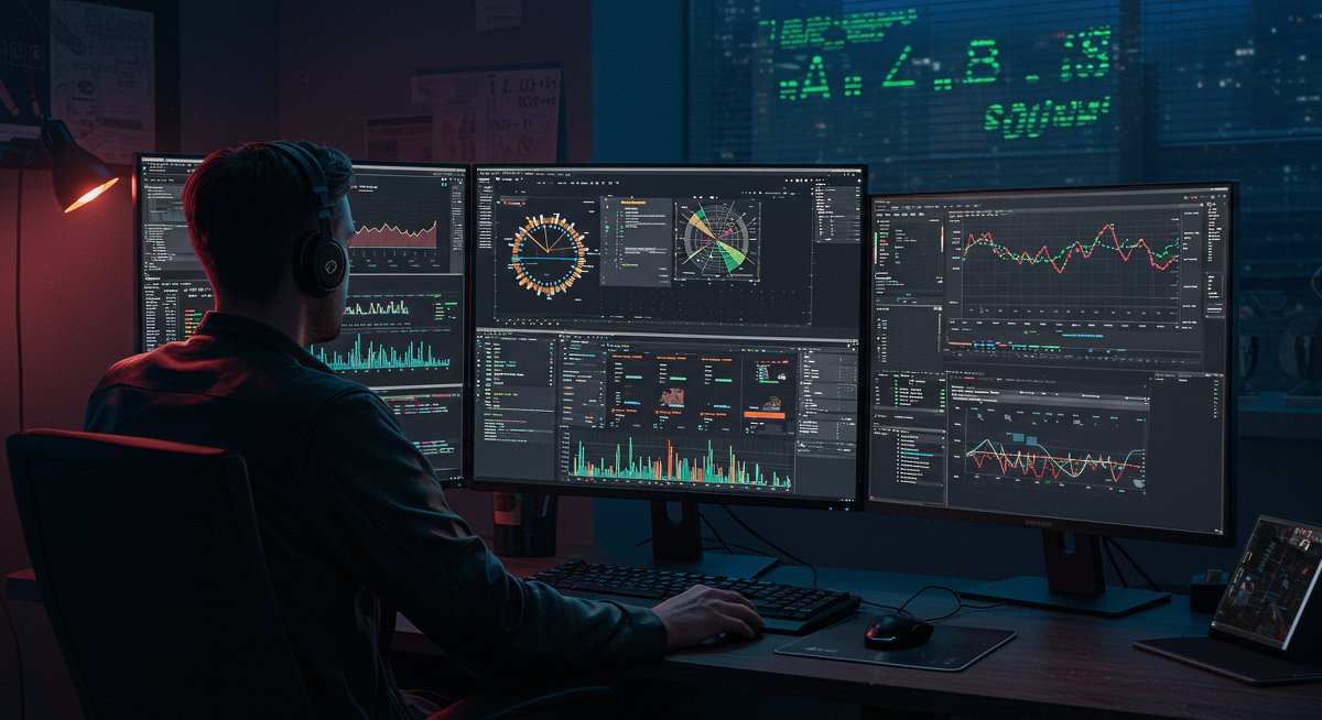 Crypto trader navigating international regulations with multi-monitor setup displaying global crypto market data and compliance tools