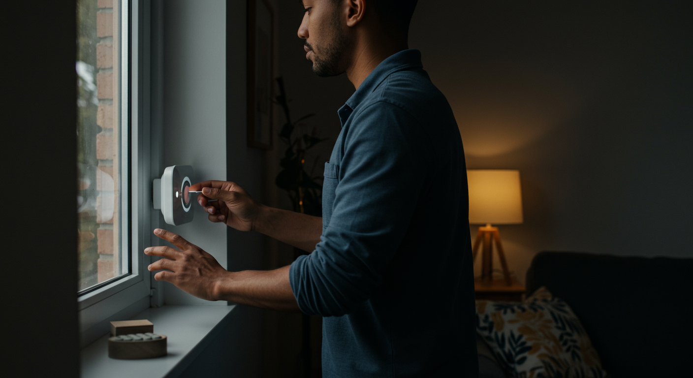 Person adjusting smart thermostat to reduce energy consumption in a sustainable smart home setting.