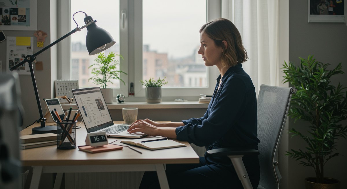 A professional woman in a modern workspace demonstrating focus and productivity with a Pomodoro timer, time-blocking calendar, and ergonomic setup