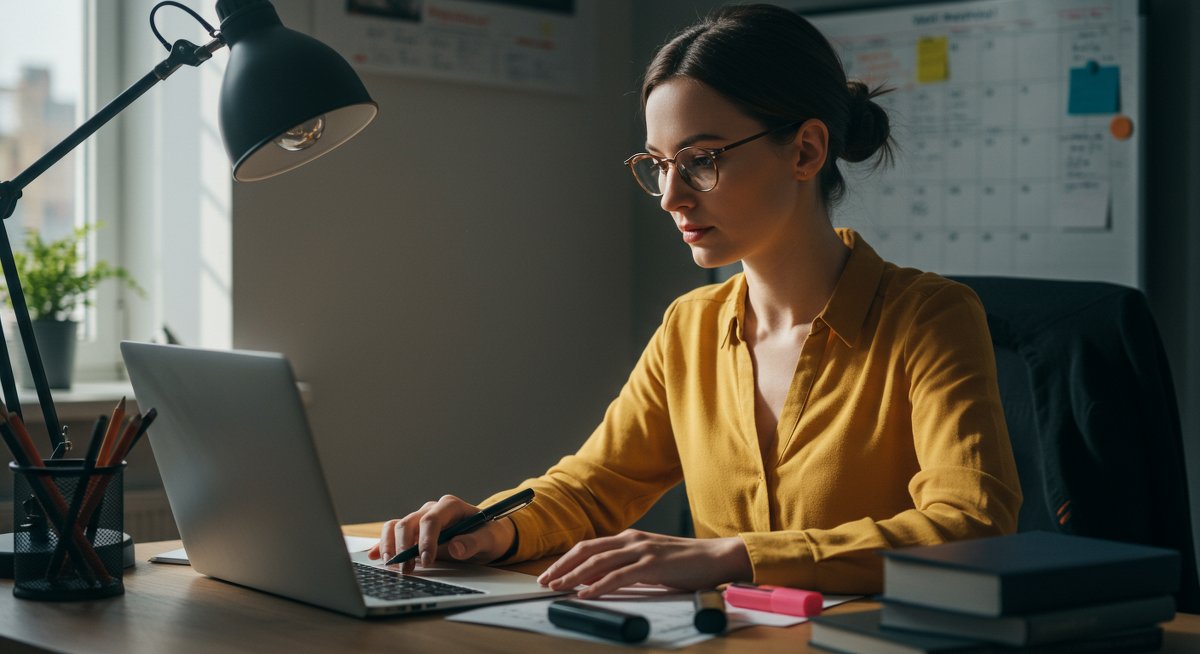 Adult learner using digital tools to manage information overload with modern study setup