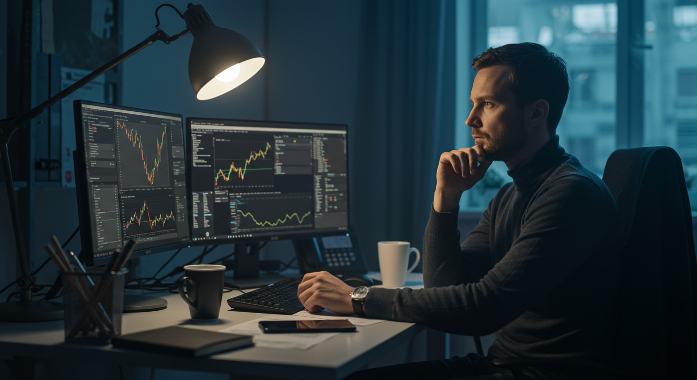 Experienced crypto trader analyzing market data on a multi-monitor setup, focusing on speed and efficiency in a modern office environment. The image highlights the practical aspects of fast crypto swaps, appealing to seasoned international traders.