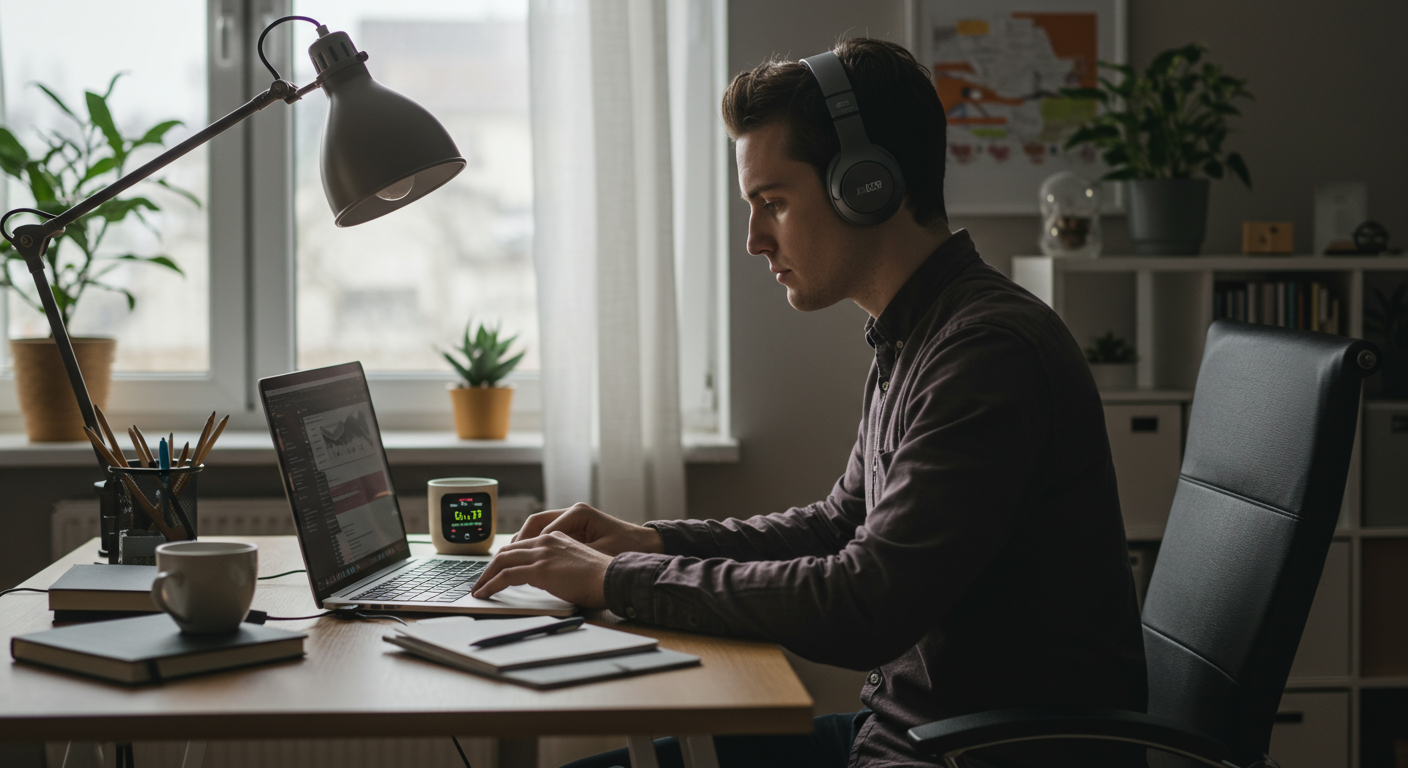 A person deeply focused at their desk, using noise-canceling headphones, a laptop, and a Pomodoro timer to eliminate distractions and boost productivity in a modern home office.