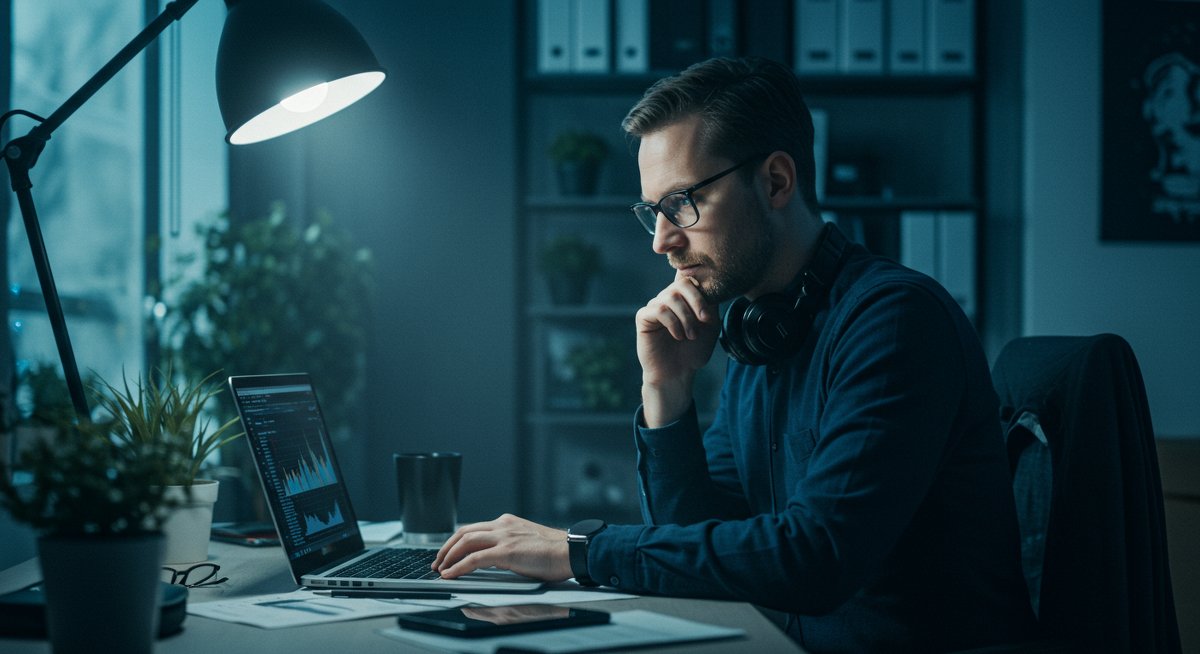 Crypto trader analyzing fee structures in minimalist workspace with subtle tech elements highlighting fee optimization strategies