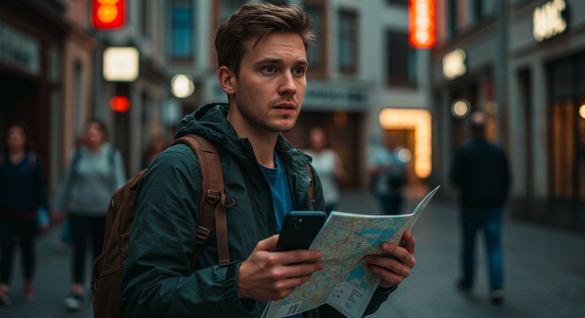 Solo male traveler using a phone with a map to locate passport recovery services in a busy city street.