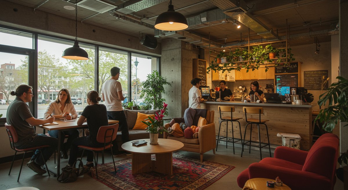 Digital nomads building community in co-living space with modern design and collaborative environment