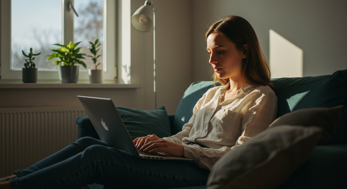 Digital nomad woman researching health insurance in a cozy apartment