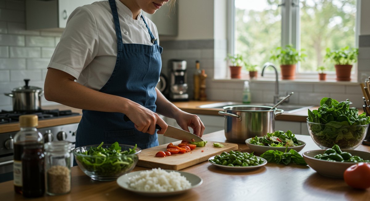 Vegan dinner recipes: Intermediate chef preparing affordable plant-based meal with lentils, vegetables, and rice in a modern kitchen
