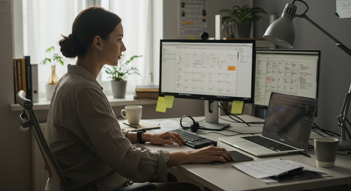 A professional working in a bright, minimalist home office, deeply focused on a laptop with dual monitors. The scene highlights an organized workspace with natural lighting and a time-blocking calendar on display, emphasizing a productive mindset.