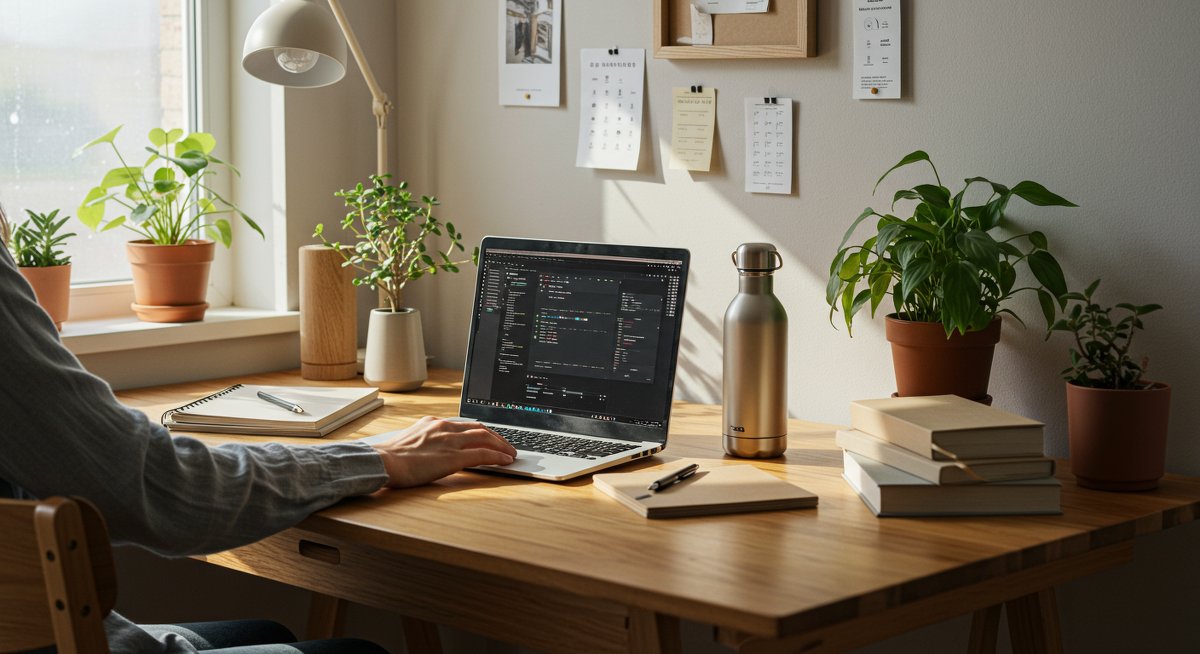 Eco-friendly home office setup with natural light, sustainable materials, and plants, promoting productivity and wellness.