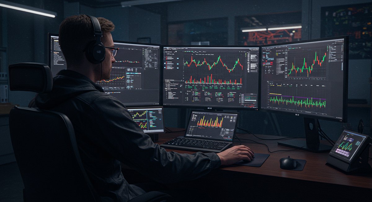 Bitcoin trading strategy with global time zones - crypto trader analyzing sell timing on triple monitors