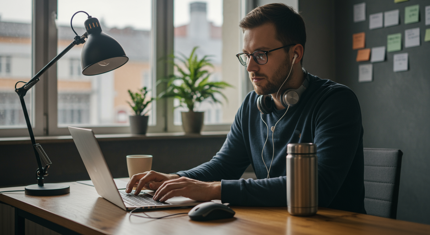 Male digital nomad focused on tax optimization and financial management in a modern co-working space. The nomad is using a laptop and other tools to reduce their tax burden, emphasizing tax strategies for remote workers.