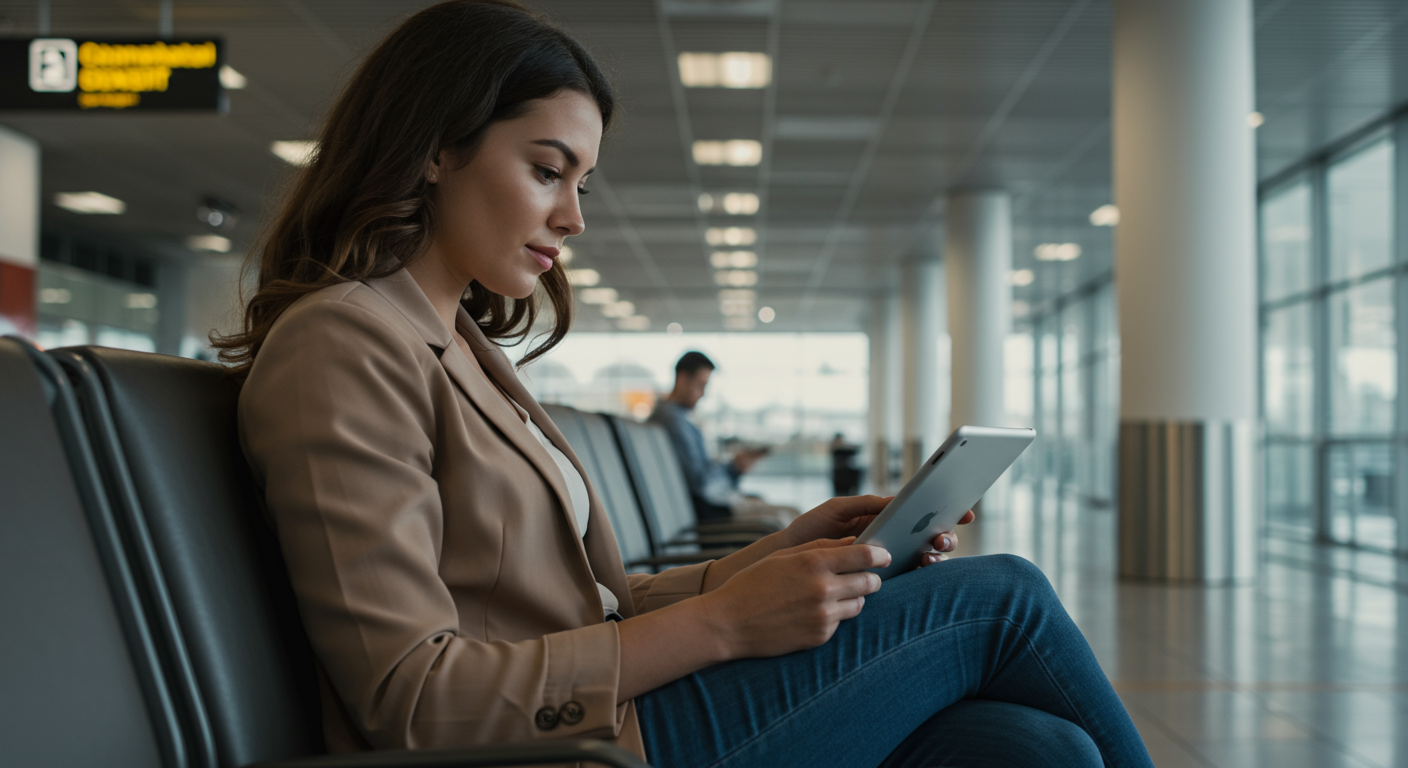 Female traveler filing a travel insurance claim in an airport lounge, travel insurance claims, international travel reimbursement