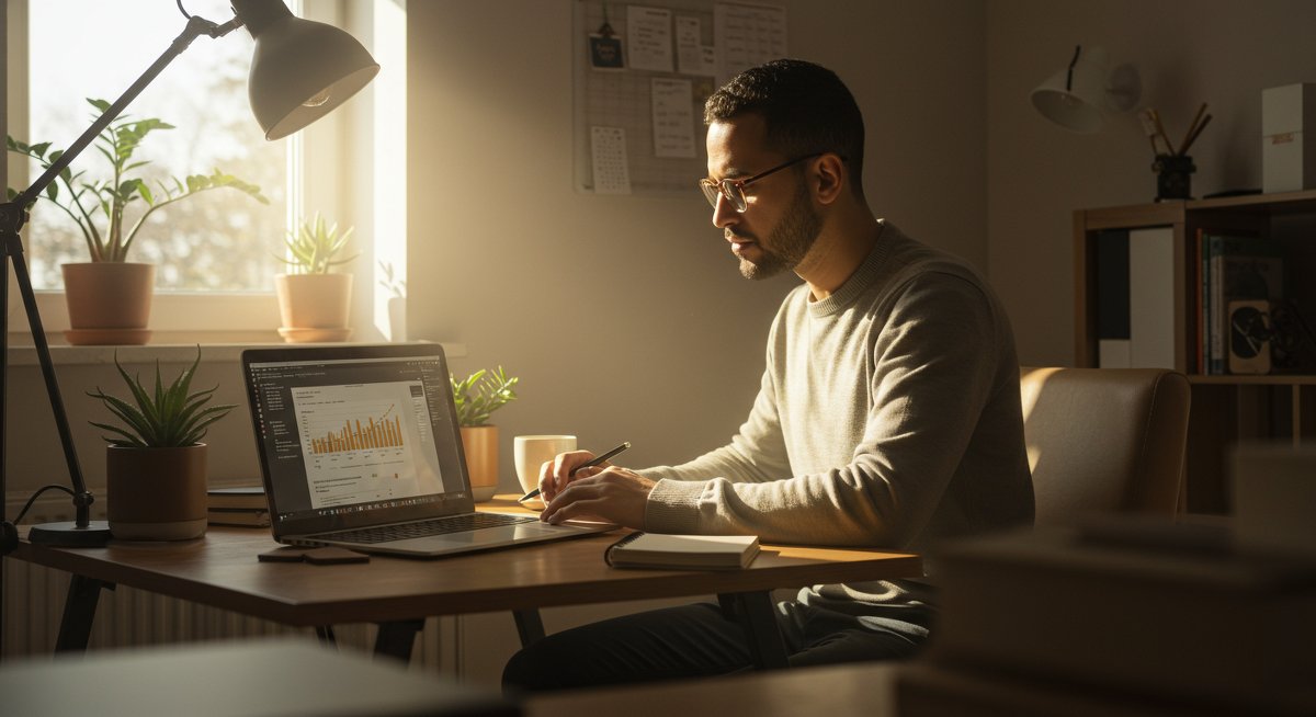Minimalist finances 2025: A man in a clean home office workspace uses a laptop to create a simple budget, surrounded by a plant and notebook, conveying stress-free financial planning.