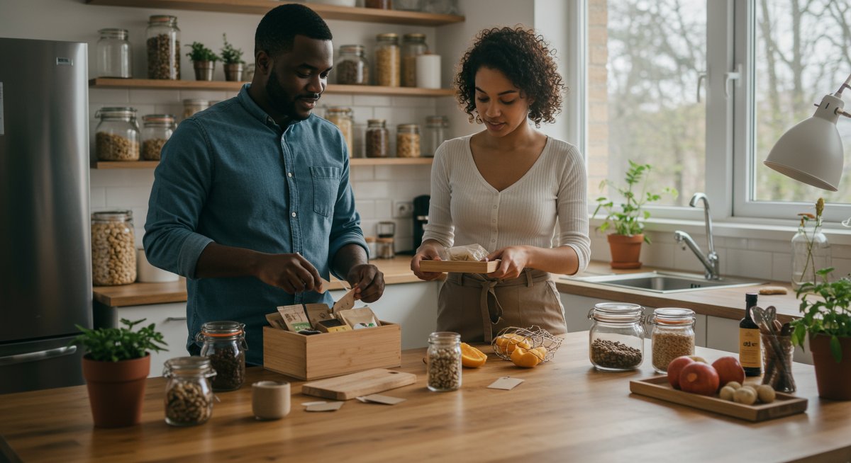 Eco-friendly gift wrapping scene featuring sustainable kitchen tools, bulk food storage, and compost bin in a bright kitchen