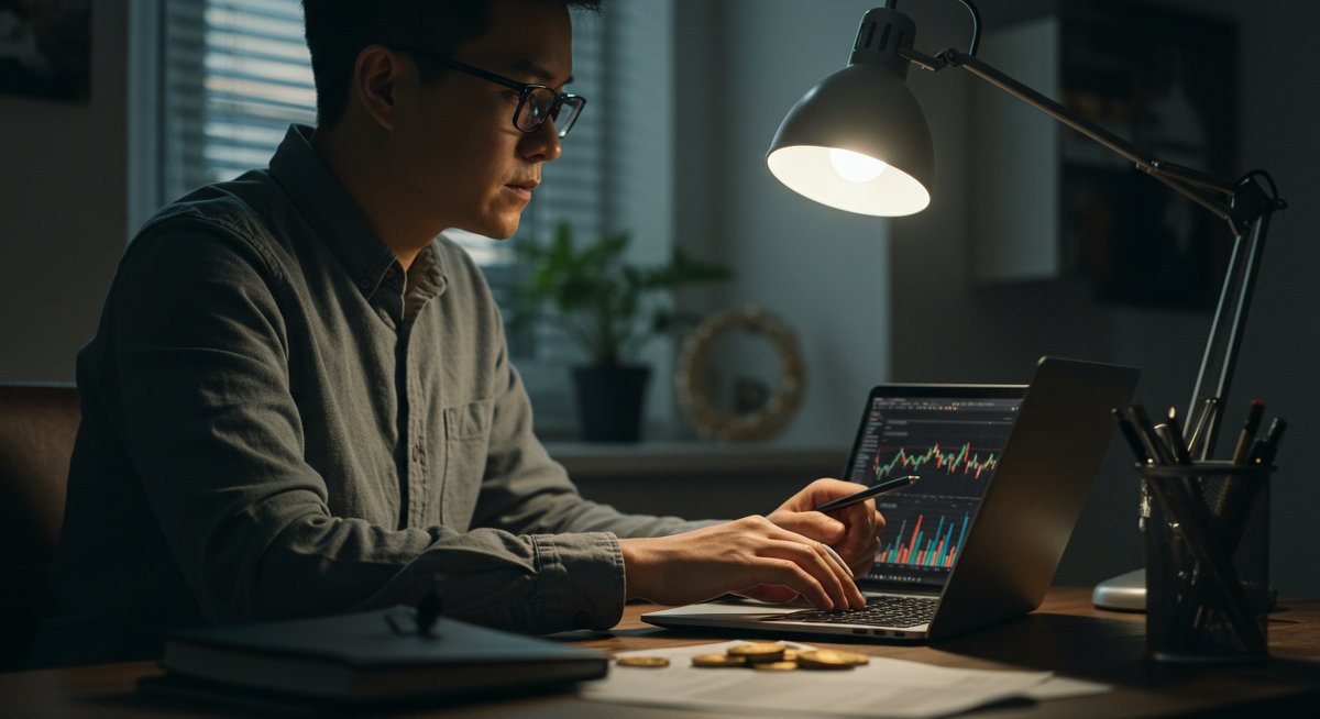 Trader analyzing crypto charts on laptop with focused expression
